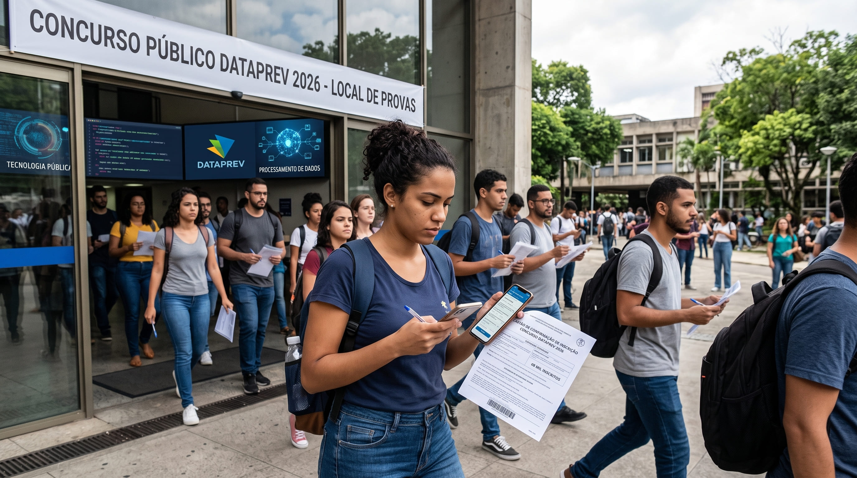 Candidatos chegando a um local de aplicação do concurso público da Dataprev