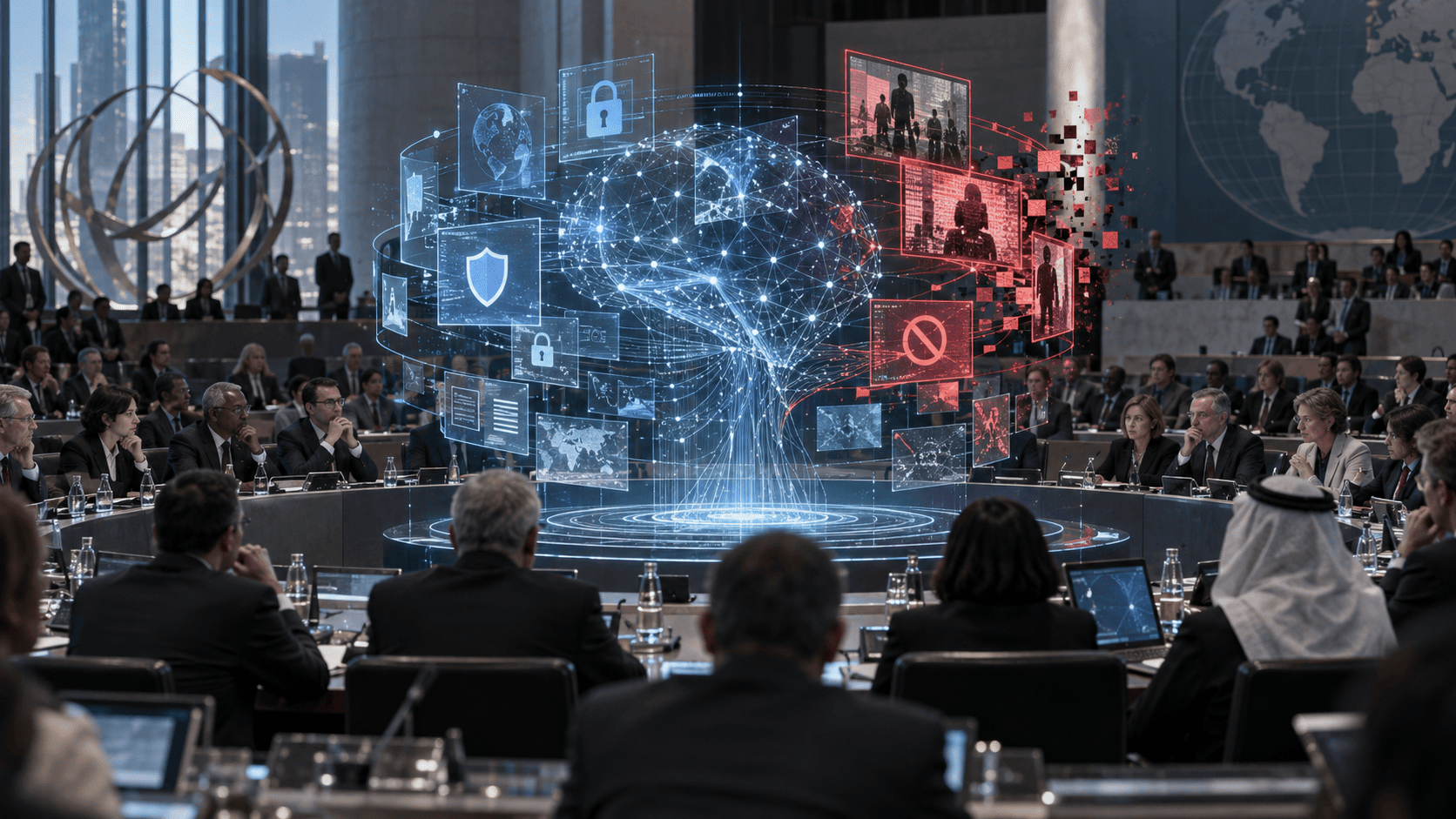 Ilustração de uma cúpula global sobre governança da inteligência artificial, com representantes internacionais diante de sistemas digitais e debate sobre controle de conteúdo