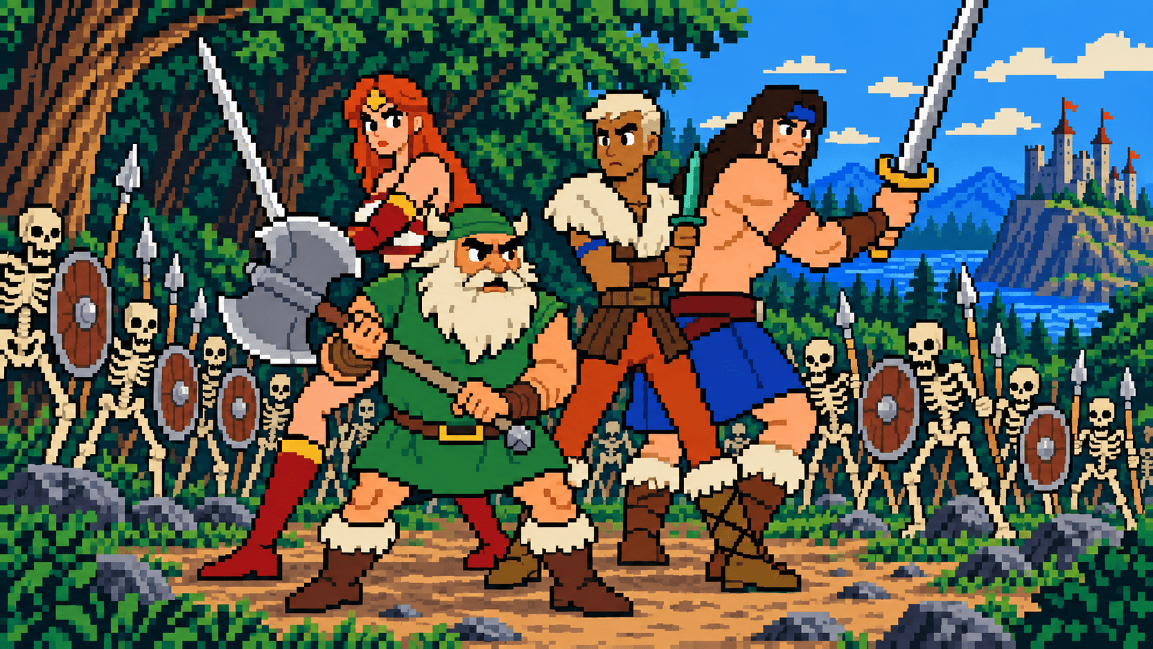 Imagem ilustrativa de três guerreiros em um cenário medieval de fantasia