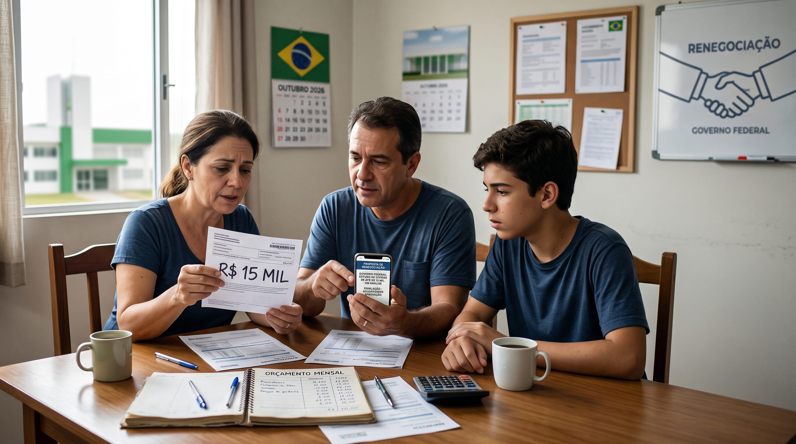 Família brasileira consulta contas e boletos enquanto analisa uma possível renegociação de dívida pelo celular