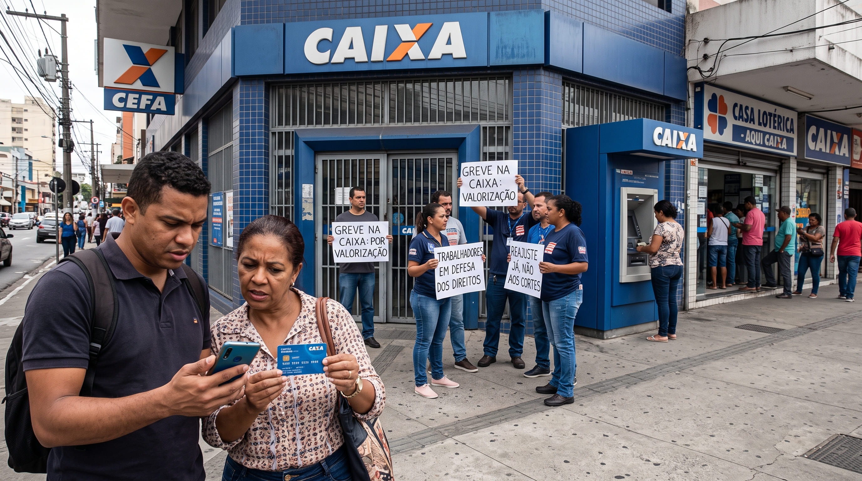 Trabalhadores da Caixa em greve diante de uma agência enquanto cliente consulta serviços pelo celular