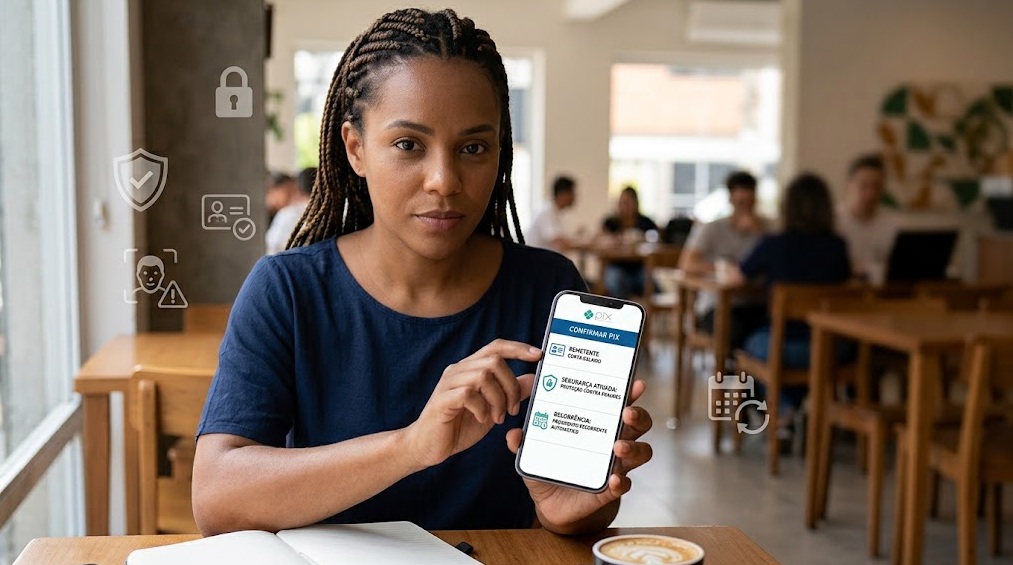 Pessoa utilizando o Pix no celular com símbolos de segurança e pagamentos recorrentes