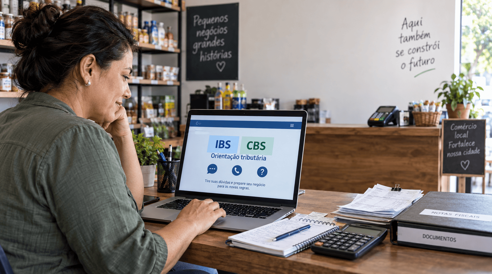 Pequena empresária consulta no computador informações sobre IBS, CBS e orientação tributária