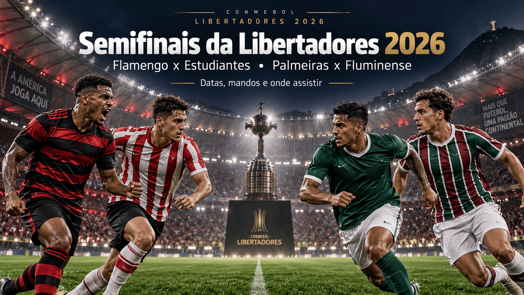 Arte das semifinais da Libertadores 2026 com referências visuais a Flamengo, Estudiantes, Palmeiras e Fluminense